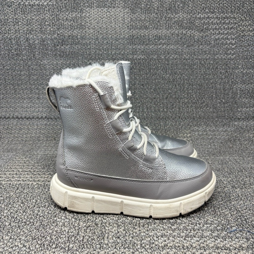 Sorel Explorer III Lace Kids Size 3 Silver Waterproof Faux Fur Winter Boots